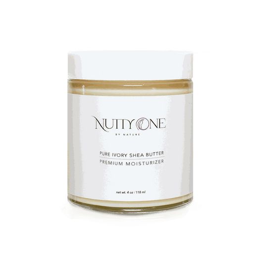 Nutty One Pure Ivory Shea Butter natural moisturizer jar with creamy texture for skin and hair care